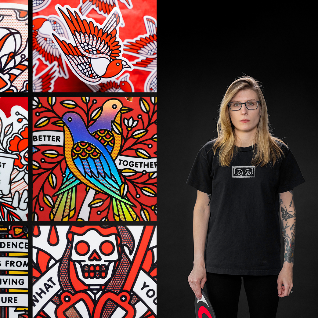 Artist of the Month Redhalftone in a black shirt stands beside vibrant, colorful artwork featuring birds and a skull.