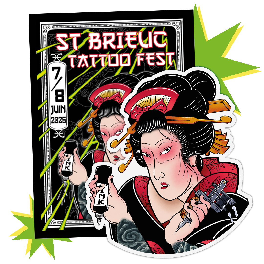 Plakat St Brieuc Tattoo Fest 2025 z wycinaną naklejką gejszy trzymającej tusz i maszynkę do tatuażu