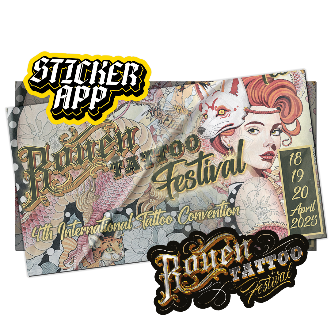 Plakat Rouen Tattoo Festival 2025 z naklejką StickerApp i naklejką ze złotym logo festiwalu