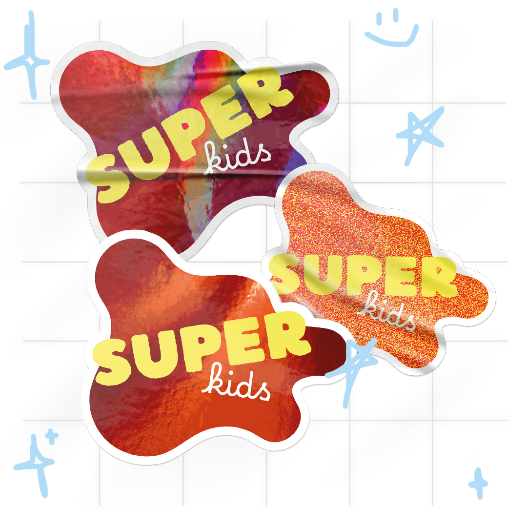 Naklejki "Super Kids" w kształcie plamy z holograficznym i brokatowym wykończeniem dla Super Kids Paris