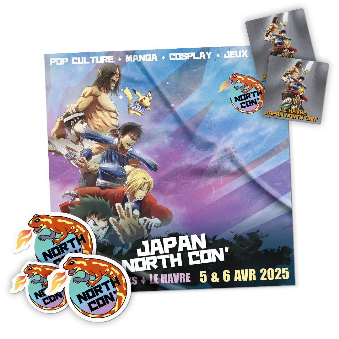 Plakat anime Japan North Con' 2025 w Hawrze z wycinanymi naklejkami z logo salamandry