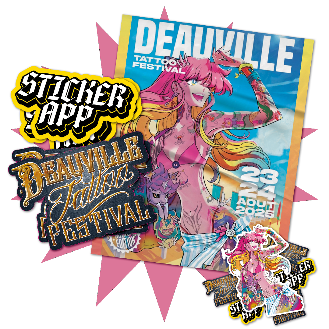 Plakat Deauville Tattoo Festival z wytatuowaną kobietą w stylu anime i naklejkami z kolaboracji ze StickerApp