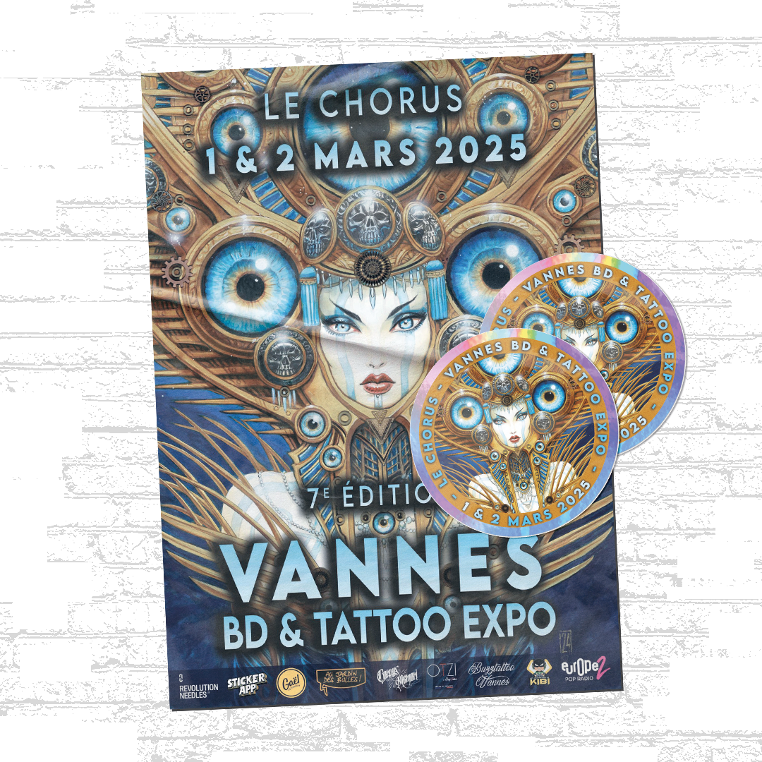 Plakat Vannes BD & Tattoo Expo 2025 z pasującymi okrągłymi holograficznymi naklejkami