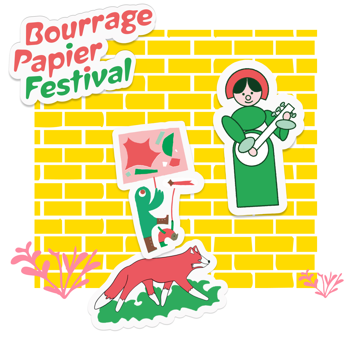 Naklejki z Bourrage Papier Festival z lisem, grającą na banjo postacią i postacią z tabliczką na tle żółtego muru