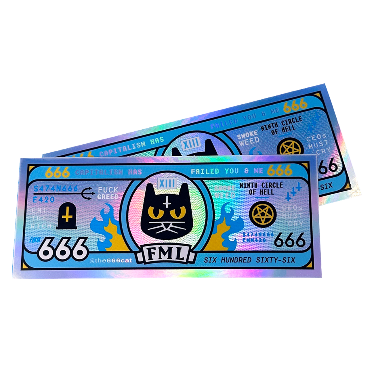 Two glossy holographic die-cut novelty bills featuring a black cat, pentagrams, and various symbols.