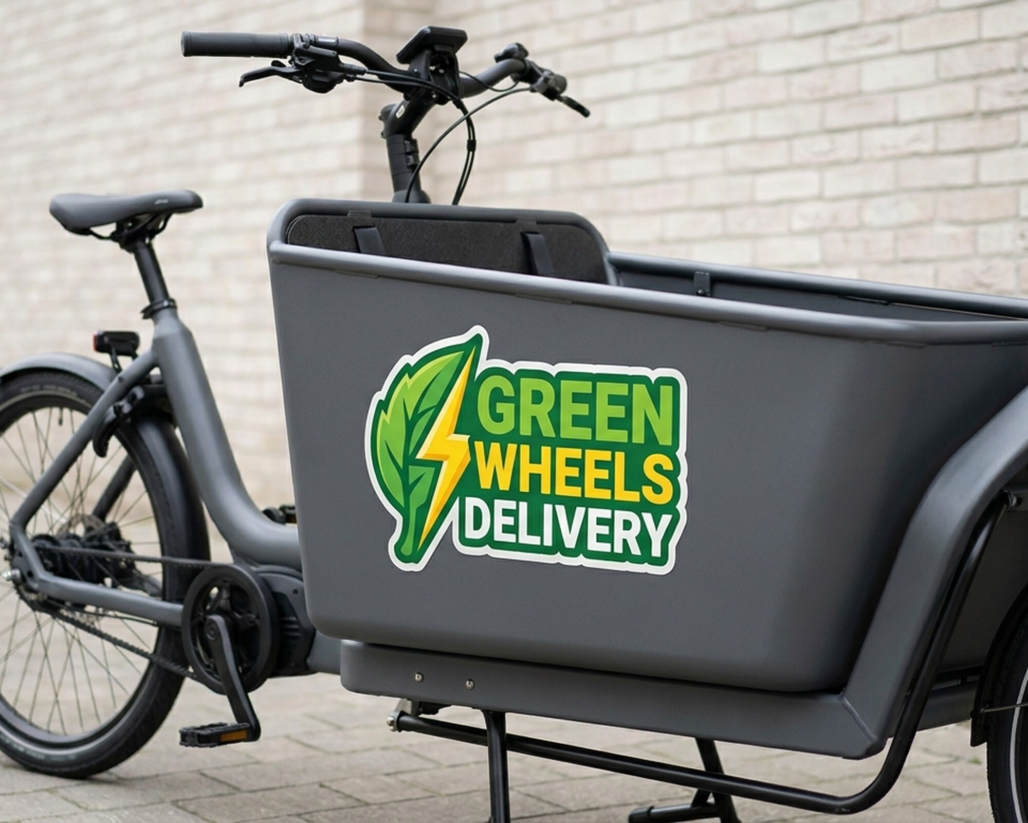 Personalizowana kalkomania wycinana po obrysie z logo liścia i błyskawicy oraz napisem „Green Wheels Delivery” na skrzyni roweru cargo