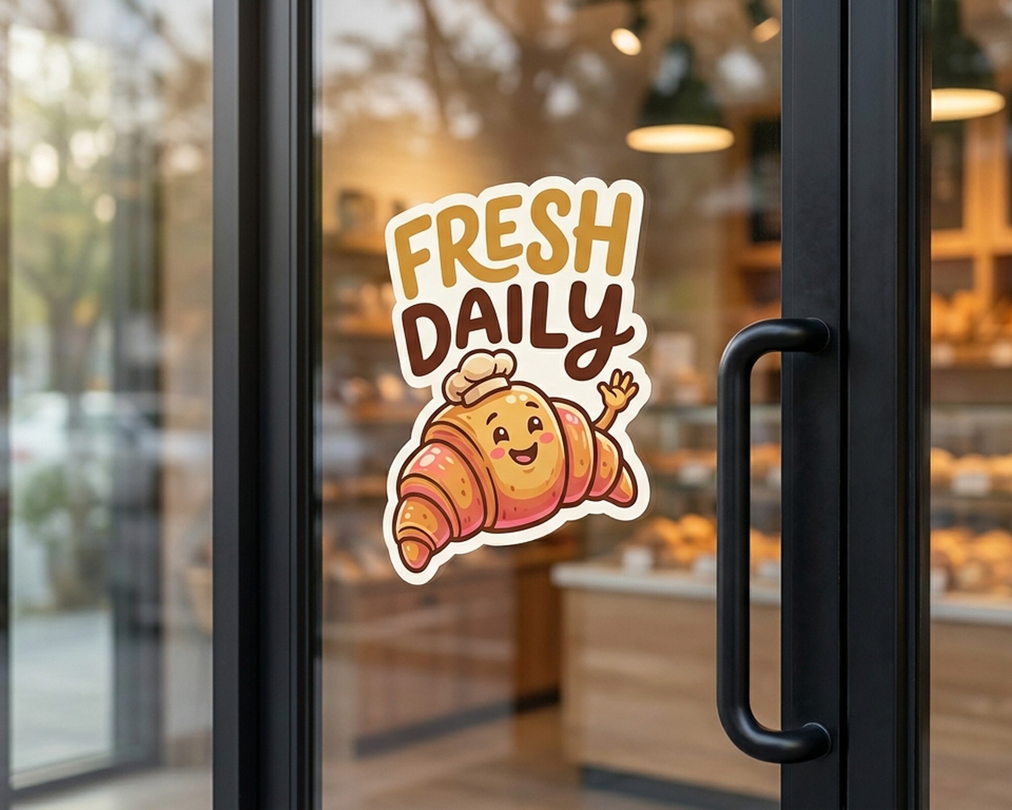 Personalizowana kalkomania wycinana po obrysie z uśmiechniętym rogalikiem i napisem „Fresh Daily” na szklanych drzwiach piekarni