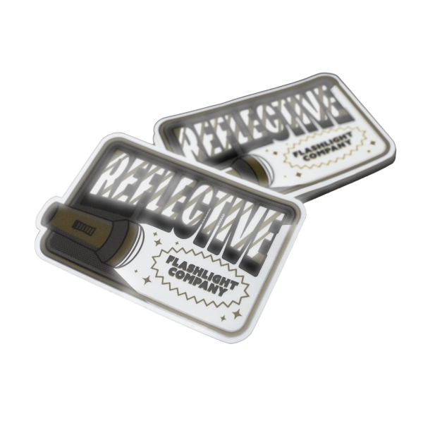 Naklejki odblaskowe z latarką, wyrazistym tekstem i napisem 'Flashlight Company'.
