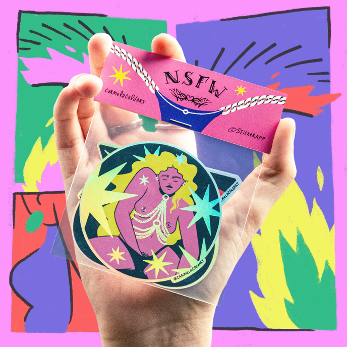 Hand holding a colorful, illustrated sticker featuring abstract art of a person with stars and vibrant colors, labeled "NSFW."