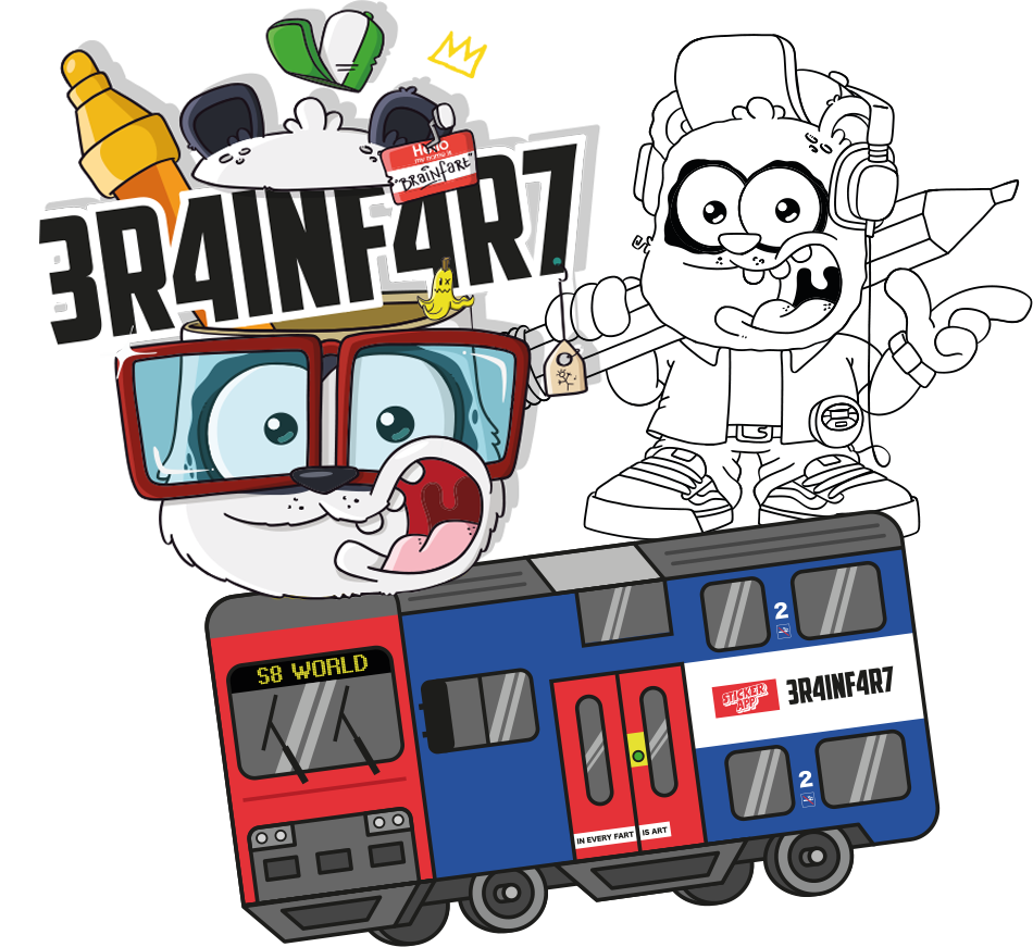 Ilustracja Brainfart x StickerApp z logo 3R4INF4R7, dwiema kreskówkowymi postaciami i podmiejskim pociągiem S8 World